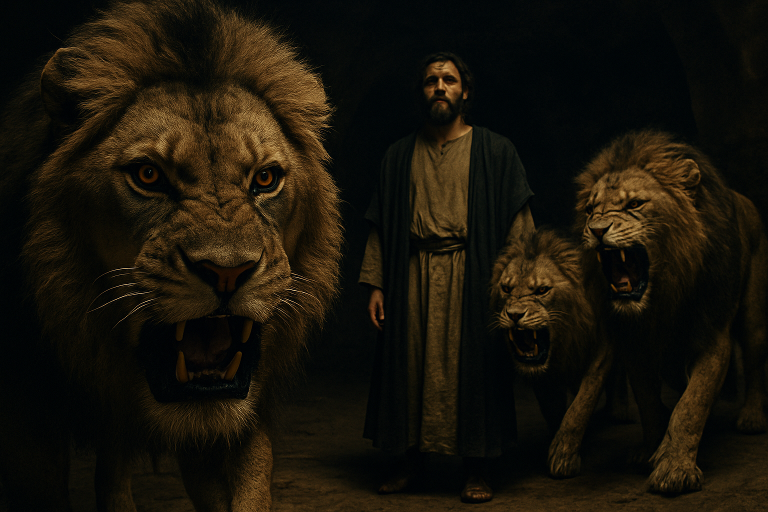 The lions surround Daniel as they roar at him.